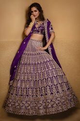 Purple Raw Silk Scallop Jaal Designer Handworked Lehenga with V Neck Blouse
